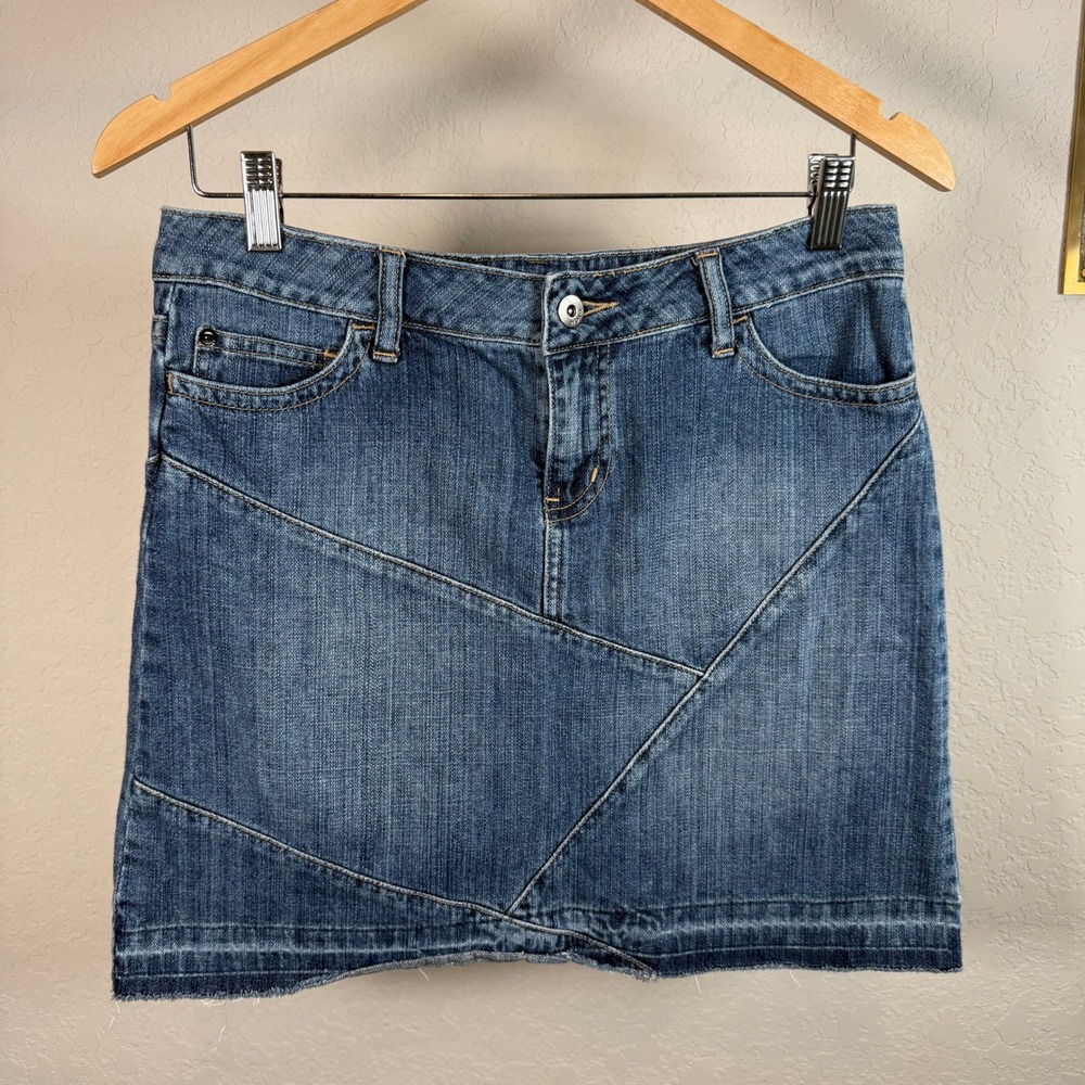 Noir Womens Patchwork Denim Mini Skirt Medium Wash Blue Geometric Raw Hem Size 2